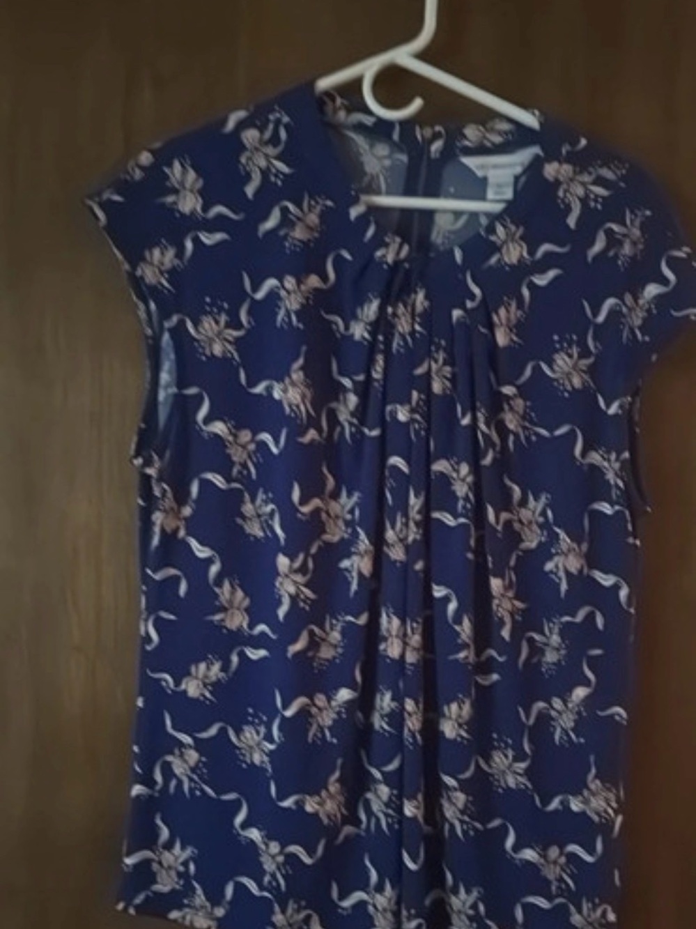 Liz Claiborne Royal Blue Pink Floral Gathered Neck Zipper Back Blouse - XL